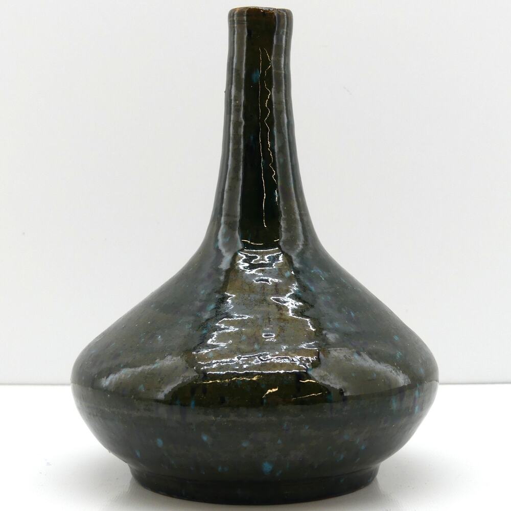 Studio Art Pottery Bottle Vase Green Blue Speckled Glaze Handmade Ceramic Decor